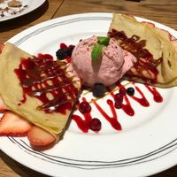 Strawberries crepes with strawberry nice cream!! Highly recommend for people with sweet tooth. at Kaya Kaya Cafe in Taipei