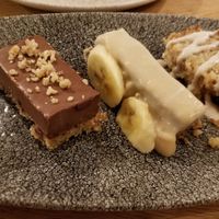 Hazelnut chocolate, banana desert, and banana cake at Vegan Gorilla in Nice