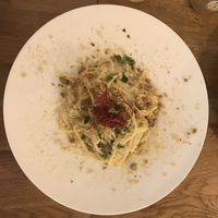 Spaghetti with mushroom sauce and crumble topping at Vegan Gorilla in Nice