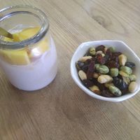 Soja milk puding with mango and roasted nuts. at Idealite - Egate in Penang