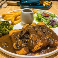 Mushroom cutlets with black pepper gravy and mint sauce! 💚☮️  at Brown Poodle in Penang
