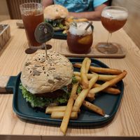 Chicken burgers. Lemon tea and the nutmeg lemon tea. at Brown Poodle in Penang