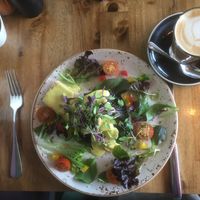 Vegan Hash Benedict with oat latte. Fresh, lots of textures and flavours at V Series in Kew