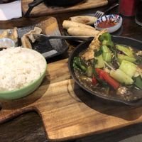 Beancurd wallet and veggies with rice  at Vegeme in South Brisbane