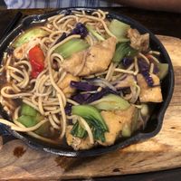 Zizlling noodles with veggies with extra tofu  at Vegeme in South Brisbane