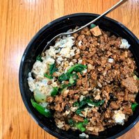 Rice with bean sauce (includes soy meat) - one of my favourites  at Vegeme in South Brisbane