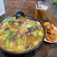 Mushroom noodle soup, suji and plum juice  at Vegeme in South Brisbane