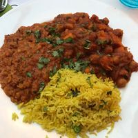 vegan Indian dish, chickpeas lentils and rice curry. it was very good at Etnic in Lugano