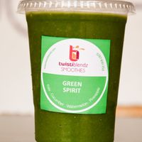 The green spirit smoothie in a take away cup at Twistiblendz Smoothies in Kigali