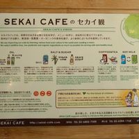 The trays have information about their healthy food philosophy. at Sekai Cafe  in Tokyo