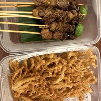 Fried Enoki mushrooms (so good!) and vegan meat/mushroom on a stick   at Bite n Chat in Jakarta