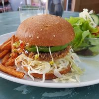 Vegan Burger and sweet potatoe fries at Pura in Breitbrunn Am Chiemsee