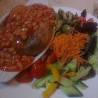 Baked potato with beans and green olives at Pimento Tea Rooms in Lincoln