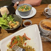 Lephet thoke (bottom), spring rolls (middle), green curry (top)   at Broccoli Revolution - Sukhumvit Rd in Bangkok