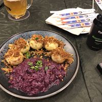 Stuffed dumplings with red cabbage, Demi glace and onions  at Forky's - Jakubské Nam. in Brno