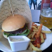 Cheezeburger, fries, mayo, and beer. at Forky's - Jakubské Nam. in Brno