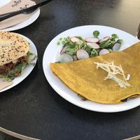 Breakfast with chickpea-omlett and „bacon“-bagel  at Forky's - Jakubské Nam. in Brno