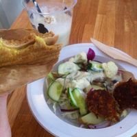 Banana shake, toast and salad with lentil patties. at Video Video in Copenhagen