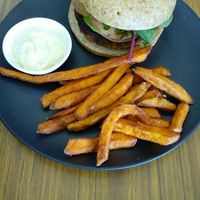 Vegan and gluten-free burger, sweet potato fries and aioli. at The Alkaline Cafe in Albany