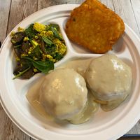 Sauce stuffed biscuits and gravy, tofu scramble and hash brown patties. at New Leaf Cafe in Tampa