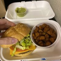 Impossible burger with daiya cheddar cheese and sweet potato bites with a side of guacamole  at New Leaf Cafe in Tampa