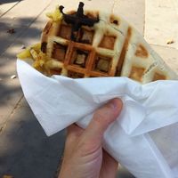 Savoury waffle with vegan cheese, ham, caramelised onions and provencal herbs at WafflesVeg in Paris