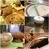 We had here very very very delicious sandwich with vegan burger and vegan cheese. Plus I also ordered a pumpkin-courgette-noodle salad there on the side. Plus we had coffee and mouth-watering vegan cakes: lemon-coconut pie and chocolate tart.  at Kafe PUUR in Antwerpen