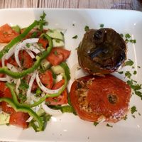 Stuffed tomatoes with green peppers at Kellari in Crete