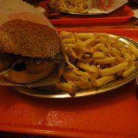Vegan double chicken burger with fries. Good food but serious reservations about the service (please see my review!).  at Yellow Sunshine in Berlin