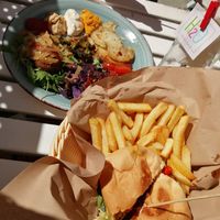 Volcano burger and 'meat'balls at H2O Juice Bar & Vegan Cafe in Fuerteventura