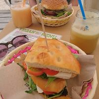 "Sorrento" sandwich, beetroot burger and fresh juices. at H2O Juice Bar & Vegan Cafe in Fuerteventura