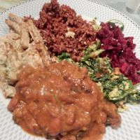 Plate of food from the vegan buffet. at Oma Jamu in Canggu