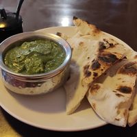 Tofu palak paneer and vegan naan at Aniyor Vegetarian Restaurant in Kathmandu