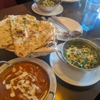 Garlic naan, channa masala, palak paneer at Aniyor Vegetarian Restaurant in Kathmandu