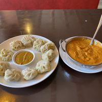 Veg momos and potato curry .  at Aniyor Vegetarian Restaurant in Kathmandu
