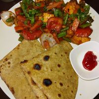 Vegan tofu breakfast with jam on the side at Aniyor Vegetarian Restaurant in Kathmandu