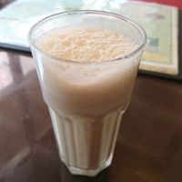 Delicious big vegan banana lassi at Aniyor Vegetarian Restaurant in Kathmandu