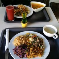 Big plate with three daily options, soup, salad,  fresh juice and free tea  at Escolha Natura in Lisbon