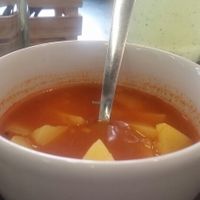 sopa de poro y papa  at Itacatl Fonda Vegana in Mexico City