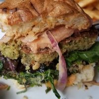 Cross section of falafel burger at Meme's Healthy Nibbles in Brooklyn