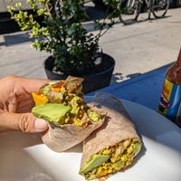 Vegan tofu scramble in burrito form at Meme's Healthy Nibbles in Brooklyn