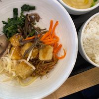 Good rice and veggies, but is the tofu really tofu?  at Bonjuk and Bibimbap - 본죽&비빔밥café in Seoul