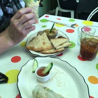 The Quick Fix (hummus, olives, and flatbread) and Salad Spring Rolls. Both vegan! at Desert Rose Cafe in Elora