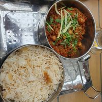 Mowgli Keema Karma:
Succulent ground plant protein simmered with roast cumin, cloves, tomato, peas & pulses. Served with Mowgli Basmati Rice:
Steamed with black cardamom & cumin. at Mowgli in Manchester