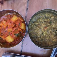 Picnic potato curry and Green ginger and rhubarb dahl  at Mowgli in Manchester