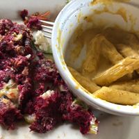 Inside of beet burger (I couldn't eat it becuase of the taste) and the vegan mac n cheese which I ate instead after my daughter could only get through about half of it. at The Moth Coffeehouse in Allentown