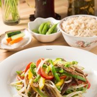 Chin Jow Roe Tsu Set, Green and red peppers, Tofu meat, mixed vegetables. Brown or white rice, Soya Beans pickled vegetables and a choice of tea or coffee. at Seven Bells Cafe in Tachikawa