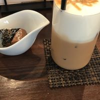 Set dessert and sesame chai with soy milk  at Gomacro in Kyoto