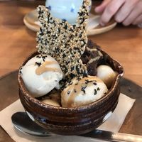 Soy ice cream with red bean, sesame drizzle  at Gomacro in Kyoto