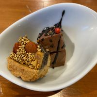 Set menu dessert - chocolate mousse and sesame tart at Gomacro in Kyoto